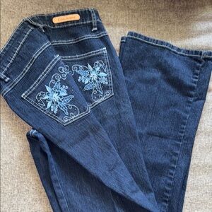 Blue Boot Cut Jeans with Floral Embroidery